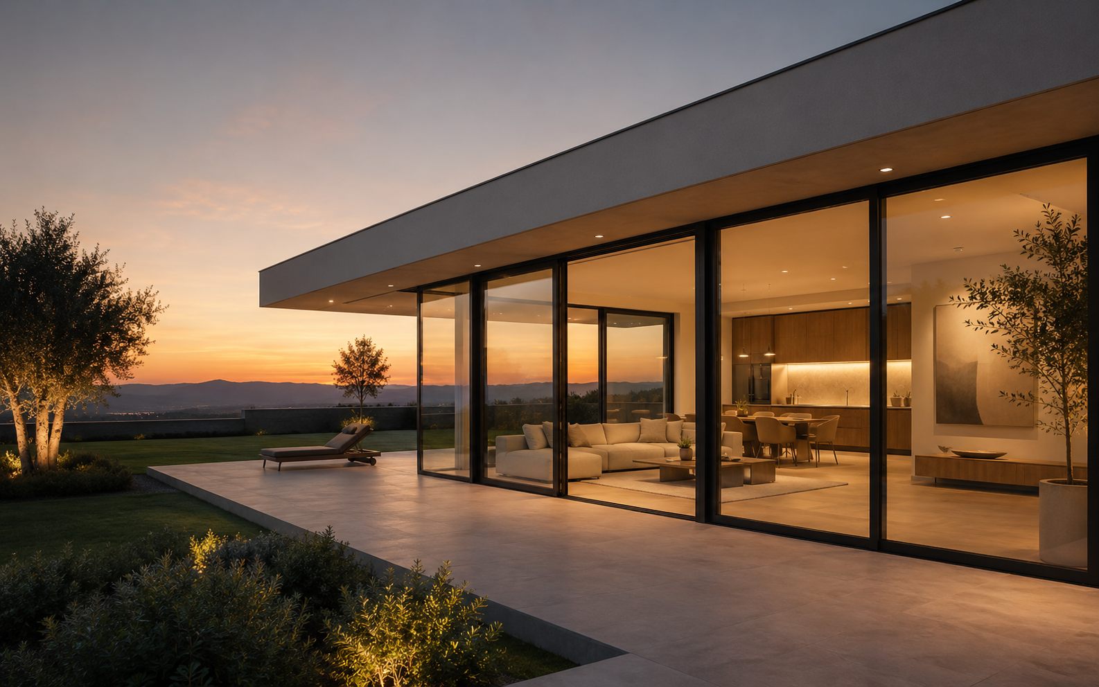 Vivienda contemporánea con amplios ventanales al atardecer